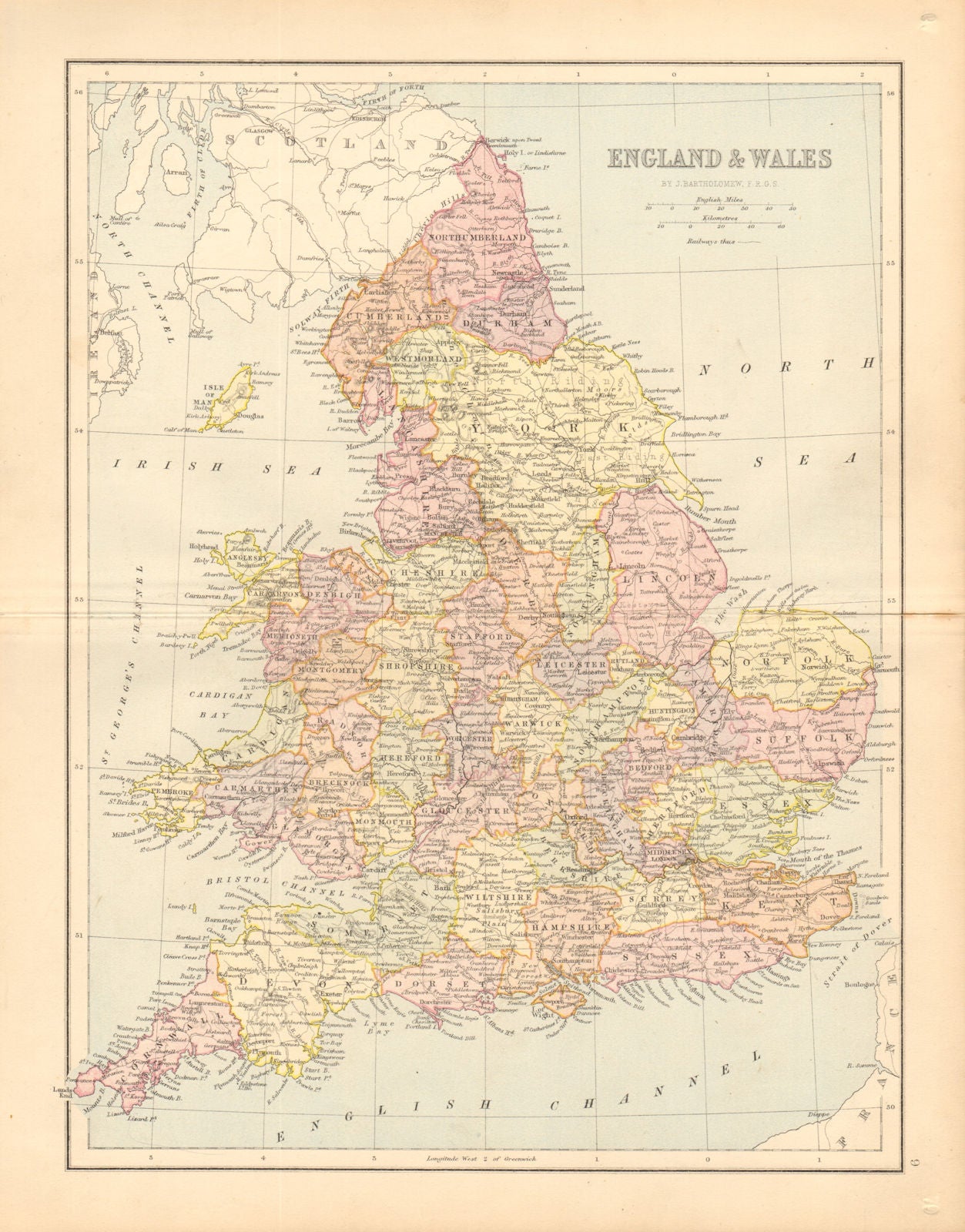 GREAT BRITAIN. 'England & Wales'. Counties. Railways. BARTHOLOMEW 1876 old map
